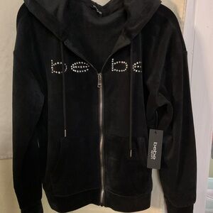 Bebe Sport Black Velour Zip-Up Hoodie M and Pant L Rhinestone Like Set